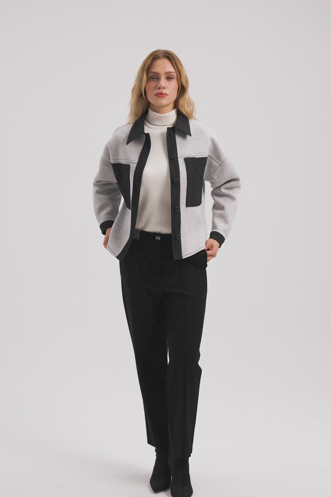 Denim Detaylı Gri Ceket