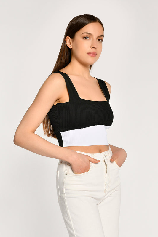 SİYAH/EKRU  CROPTOP TRİKO