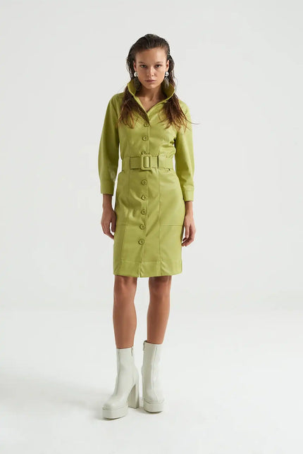 Kemerli Deri Gömlek Elbise