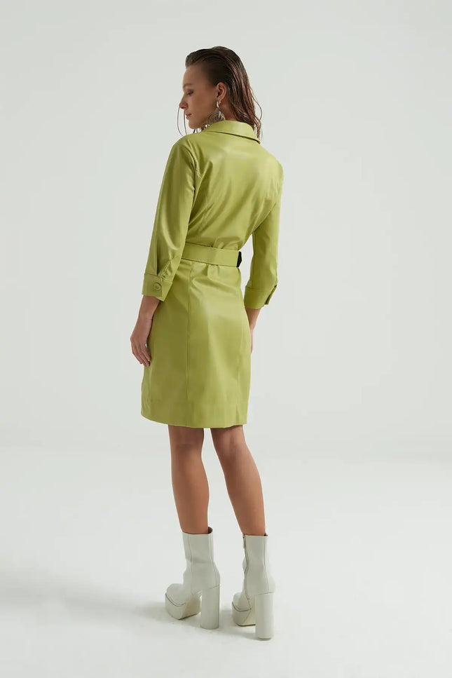 Kemerli Deri Gömlek Elbise