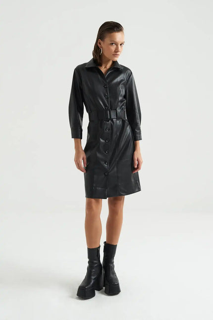 Siyah Deri Gömlek Elbise