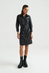 Siyah Deri Gömlek Elbise