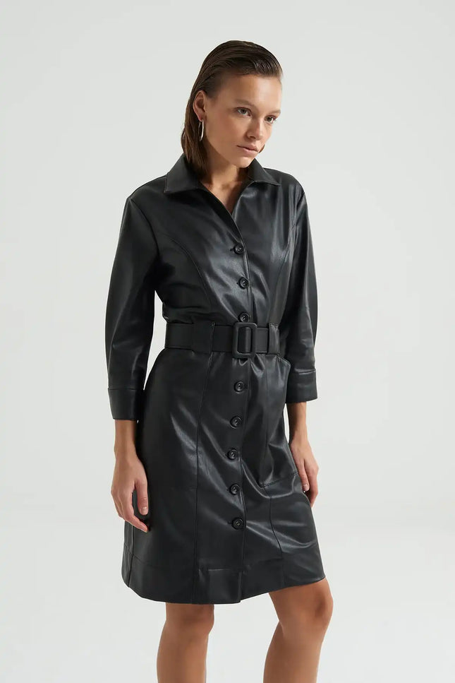 Siyah Deri Gömlek Elbise
