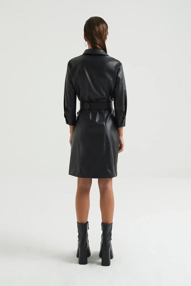 Siyah Deri Gömlek Elbise