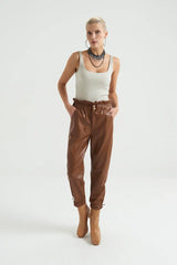 Beli Lastikli Büzgülü Deri Pantolon